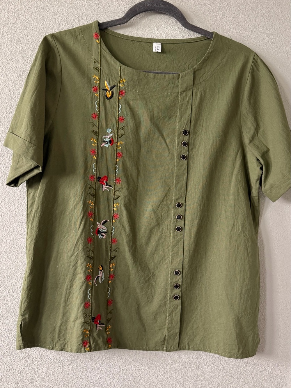Dayou Design Olive Green Embroidered Boho Top Size L